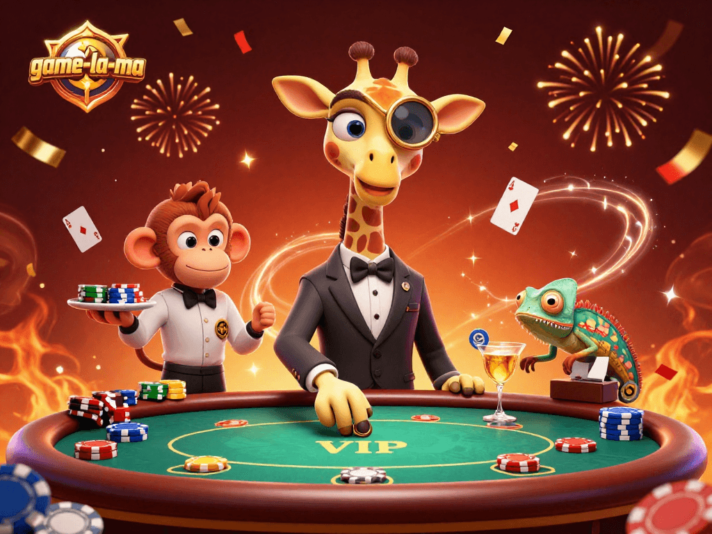 Play poker and win with game-la-ma in this vibrant 3D casino scene featuring a giraffe and casino elements.