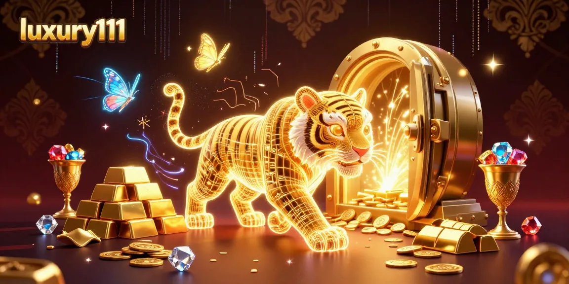 Experience luxury111 with a vibrant display of a golden tiger amidst casino treasures and holographic companions.