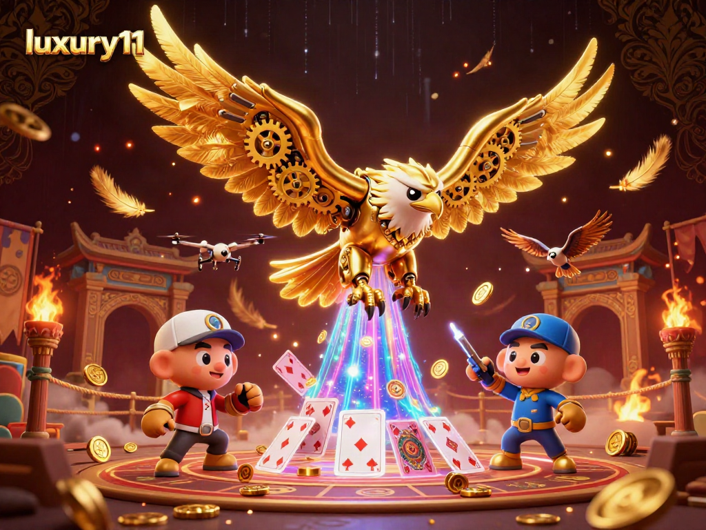 Experience luxury111 in a vibrant casino-themed scene with a cybernetic eagle and holographic cards.