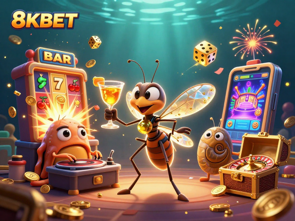 Win big with 8KBET in a vibrant casino scene featuring a unique frozen mosquito mascot.