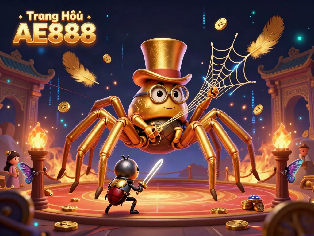 Engage with the Trang Chủ AE888 experience in a vibrant casino scene with a golden tarantula and brave knight.