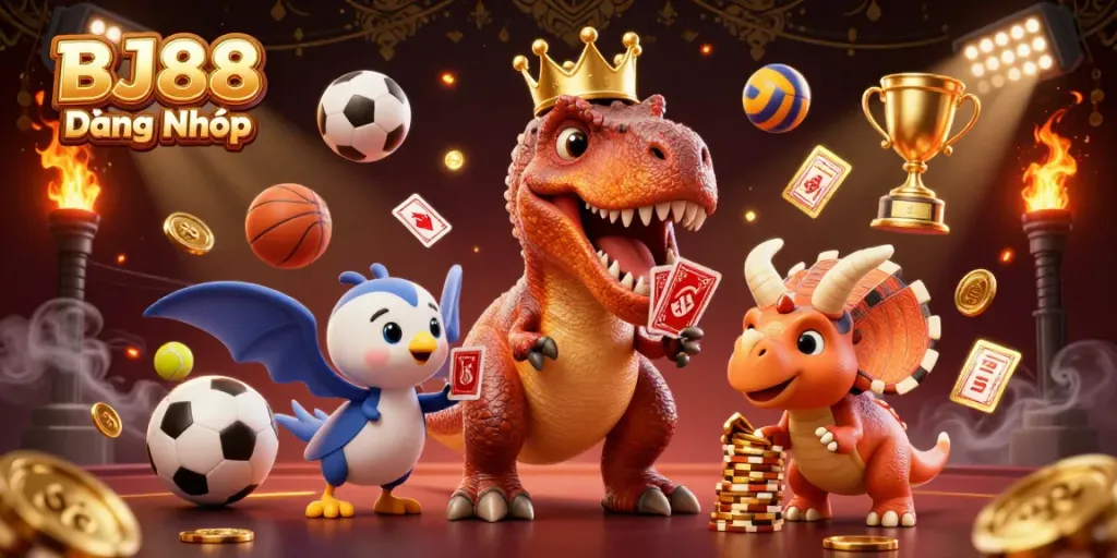 Experience thrilling BJ88 Đăng Nhập with a friendly dinosaur-themed casino scene filled with vibrant characters and gaming elements.