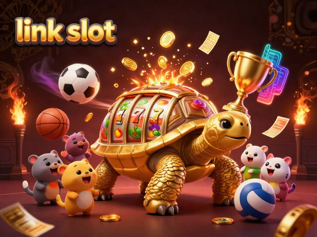 Spin and win with link slot in an exciting casino scene featuring a golden tortoise slot machine.