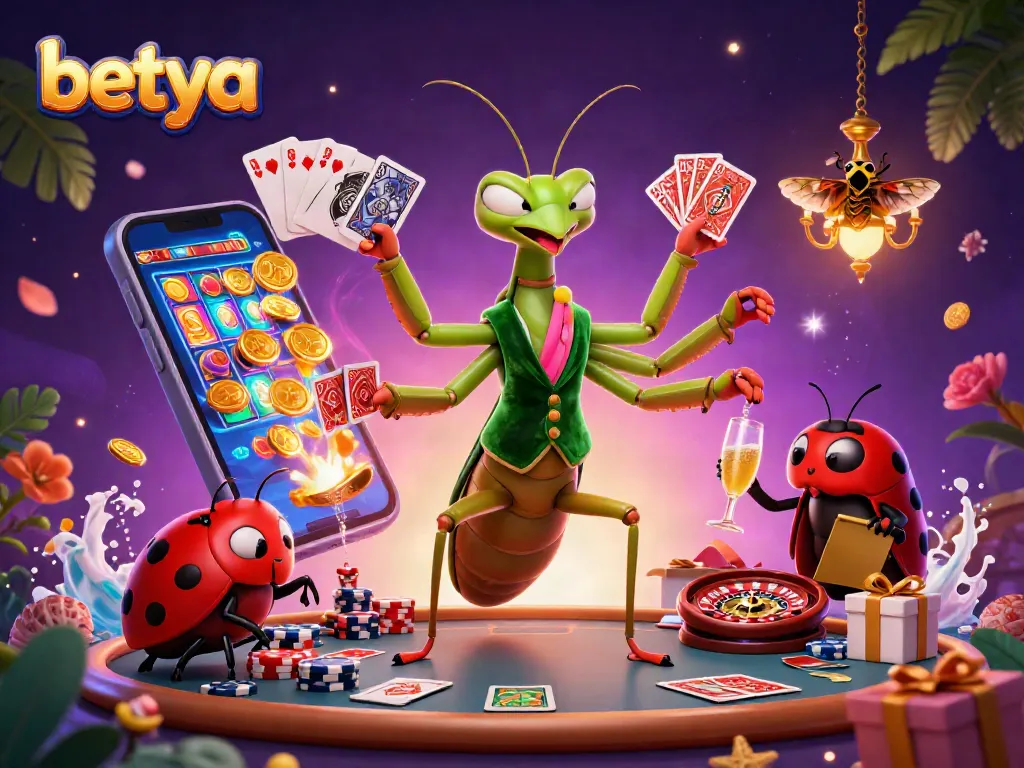 Betya's vibrant casino scene showcases a card sharp mantis and a ladybug pit boss amid spilling chips and lively games.