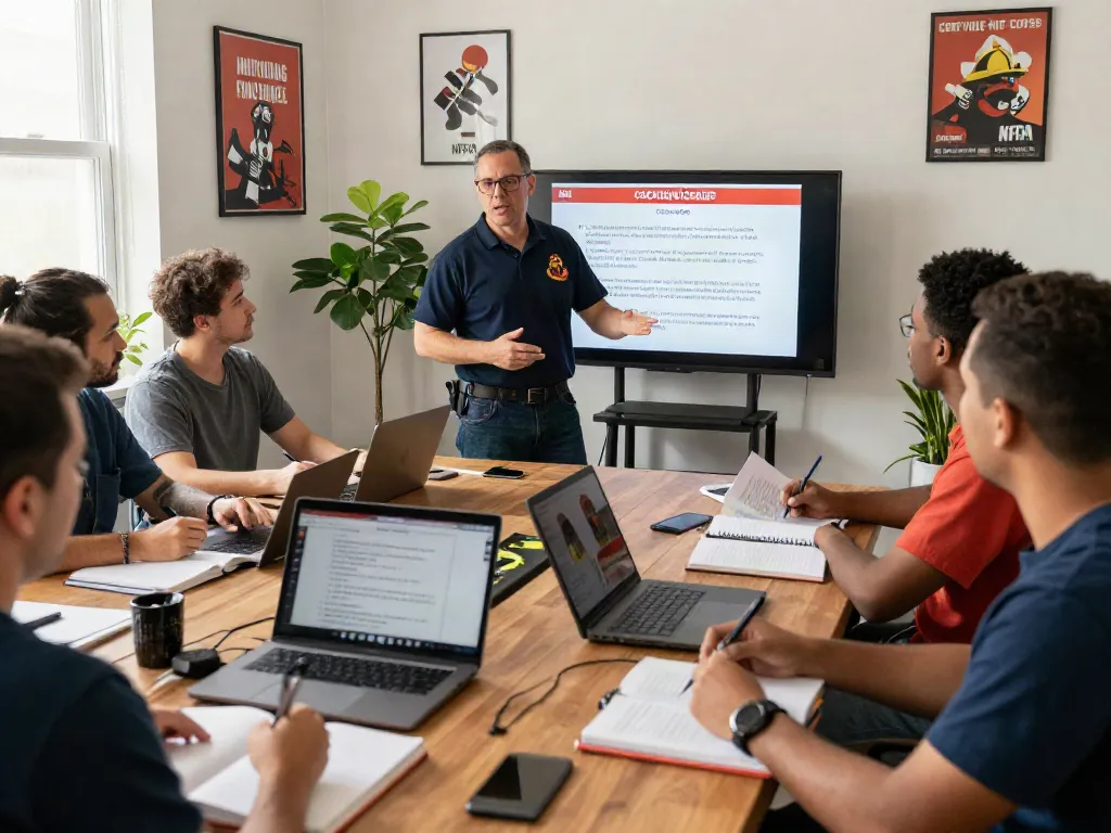 Professionals participating in a CFPS Certification Saudi Arabia training session online, learning about fire safety standards and engaging in interactive discussions.