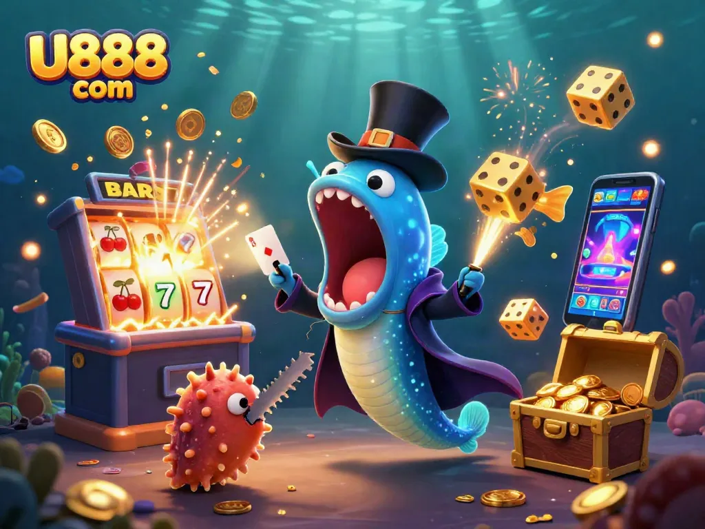 Experience thrilling jackpots with U888 com in this vibrant casino-inspired underwater scene.