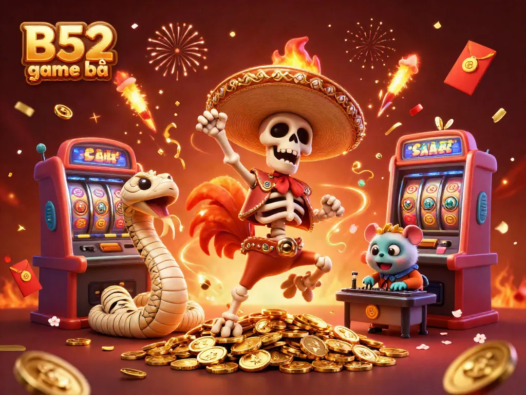 B52 game bài has immersive visuals with a mariachi rooster, mummy snake, and DJ hamster celebrating amid slot machines and golden coins.