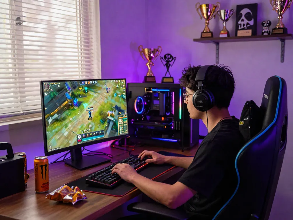 Gamer immersed in QQMacan gameplay with colorful setup and vibrant atmosphere
