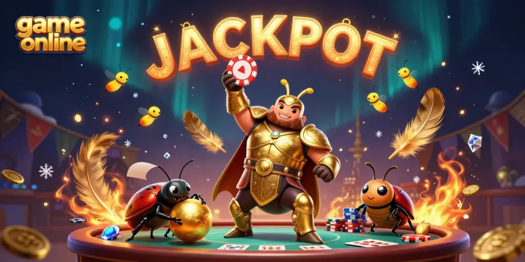 Experience thrilling game online action with cartoon beetles celebrating a jackpot win in a vibrant casino scene.