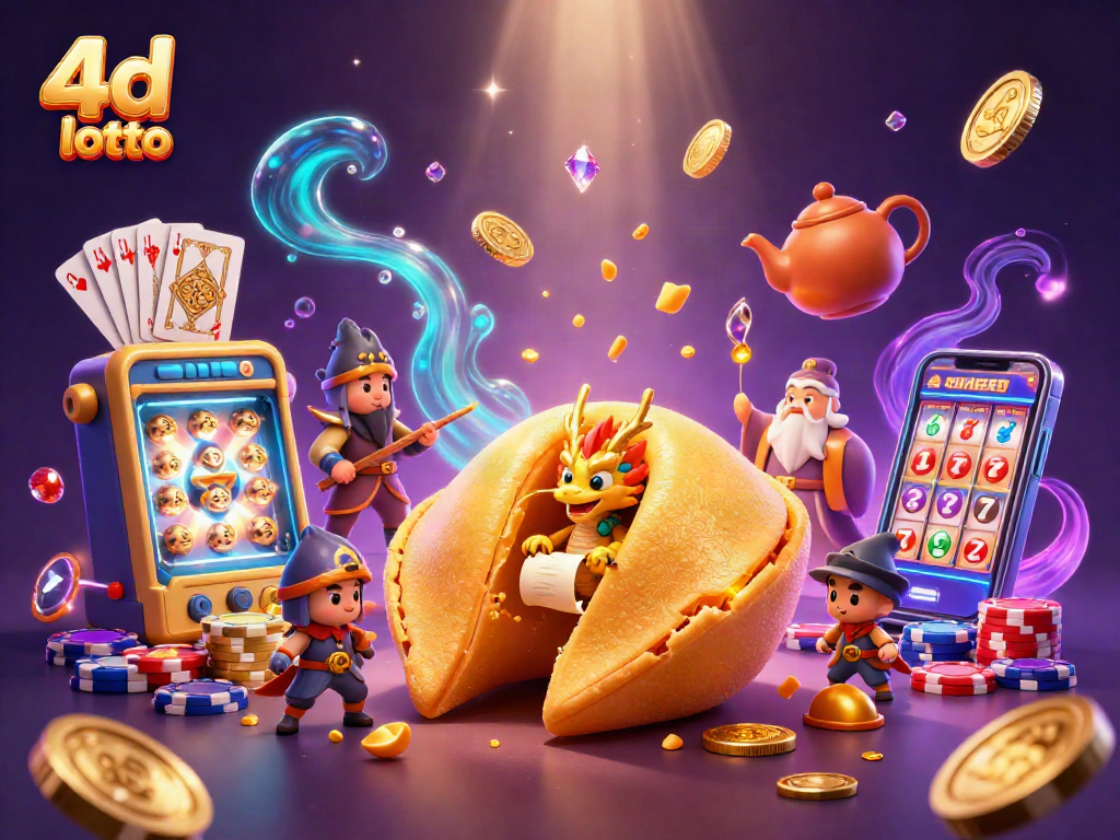 Engage with 4d lotto magic featuring a giant fortune cookie scene filled with dragon wisdom and rich casino elements