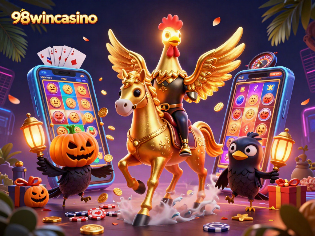 Engage with 98wincasino's vibrant casino scene featuring animated characters and slot game action.