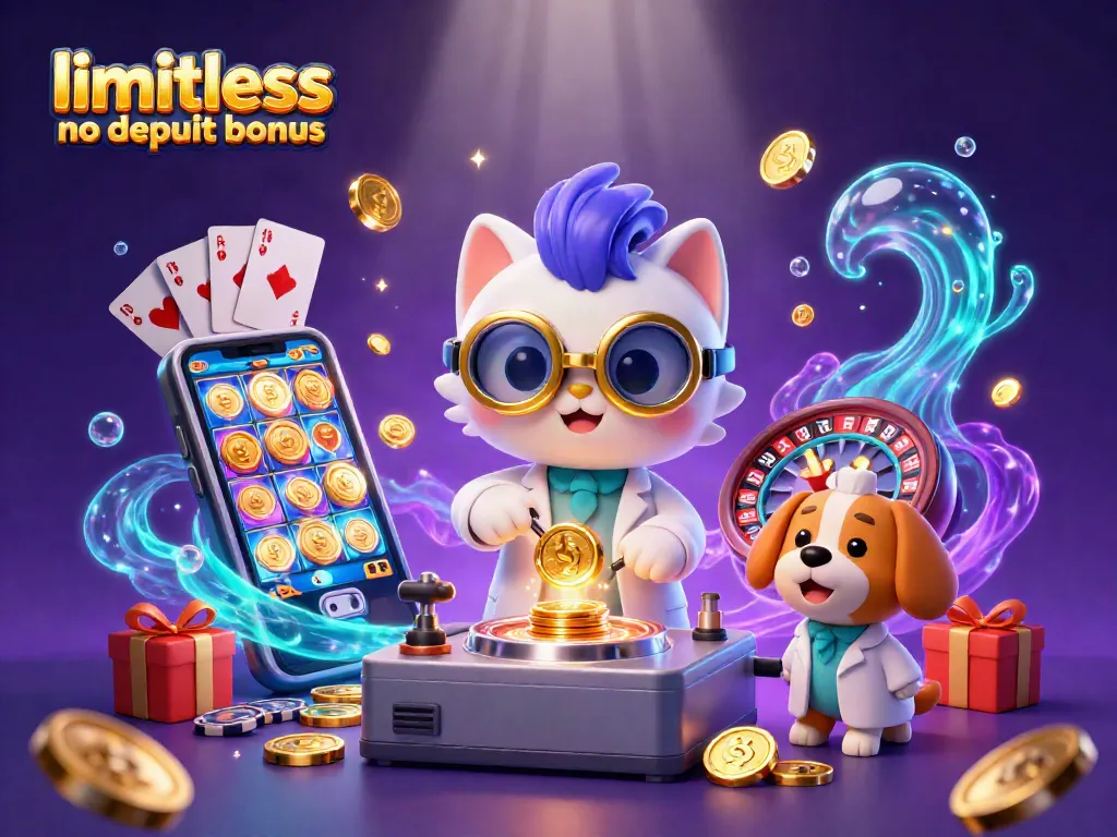 Experience limitless casino no deposit bonus with fun characters in a vibrant 3D gaming lab scene.