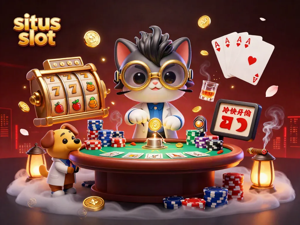 Gambarlah situs slot yang mempesona dengan kucing ilmuwan, mesin koin, dan chip poker warna-warni.