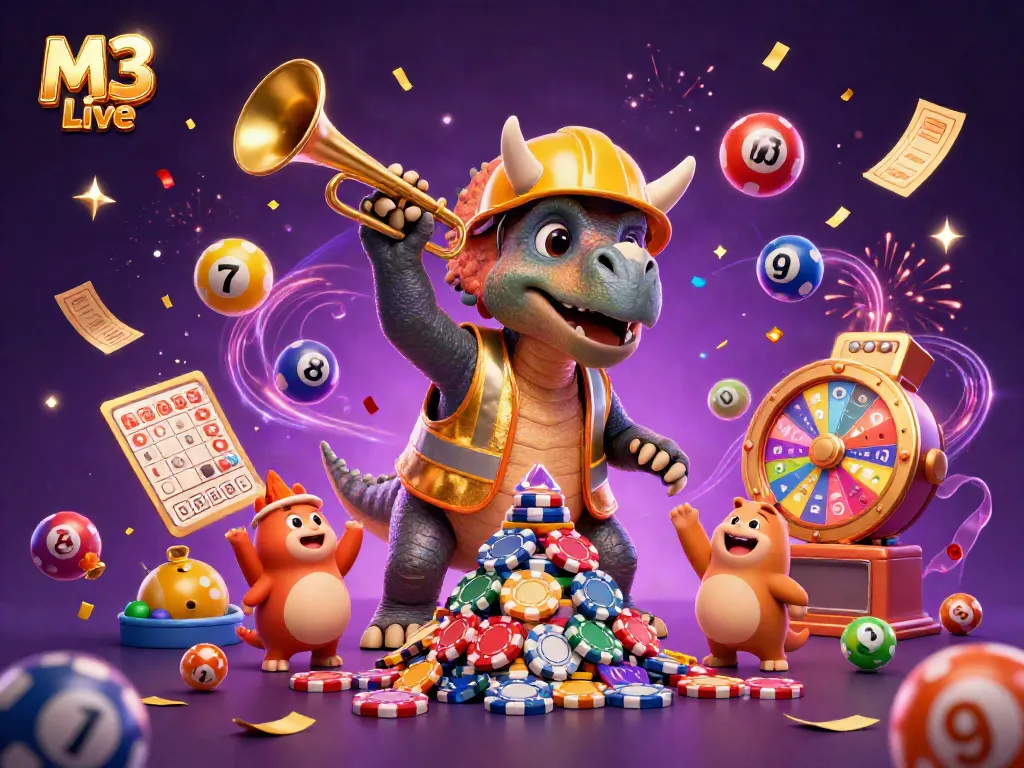 M3 Live brings excitement with a vibrant 3D scene of triceratops and celebrations in a casino setting.
