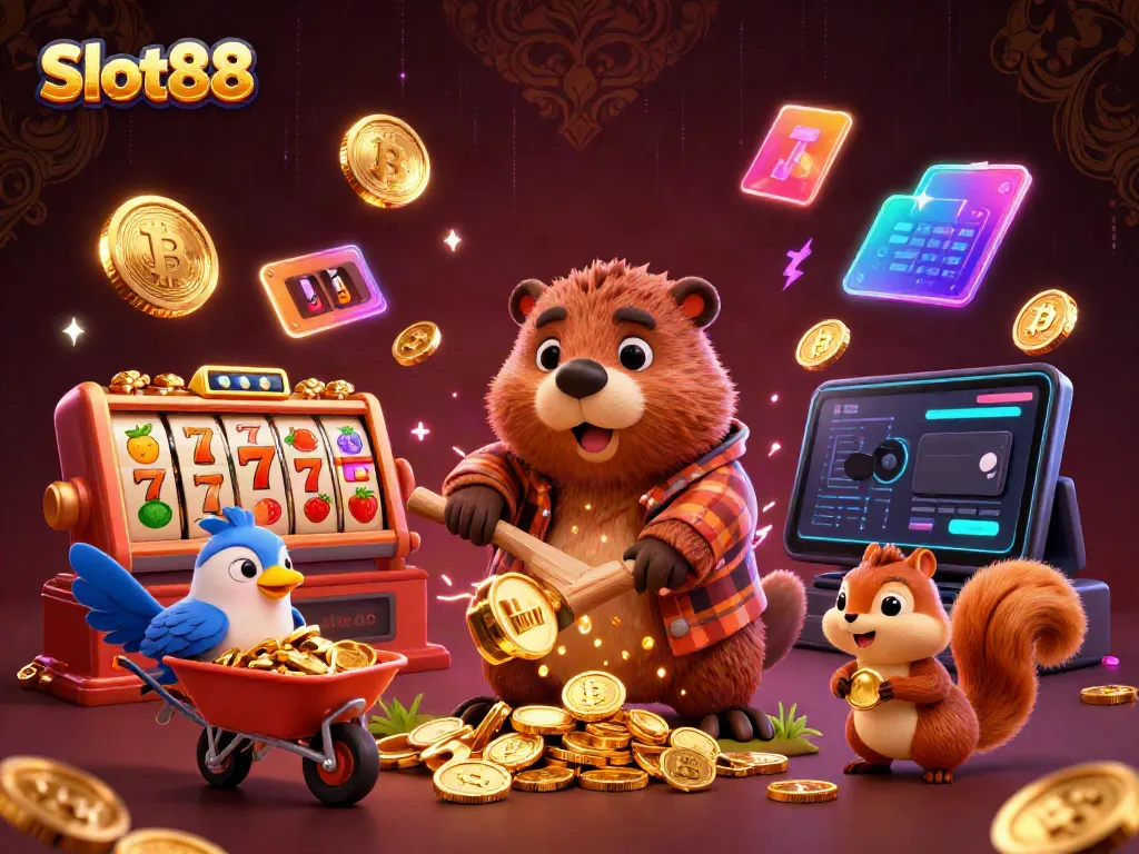 Engage with Slot88's vibrant 3D casino illustration featuring a beaver, bird, and squirrel amid gold coins and jackpot elements.