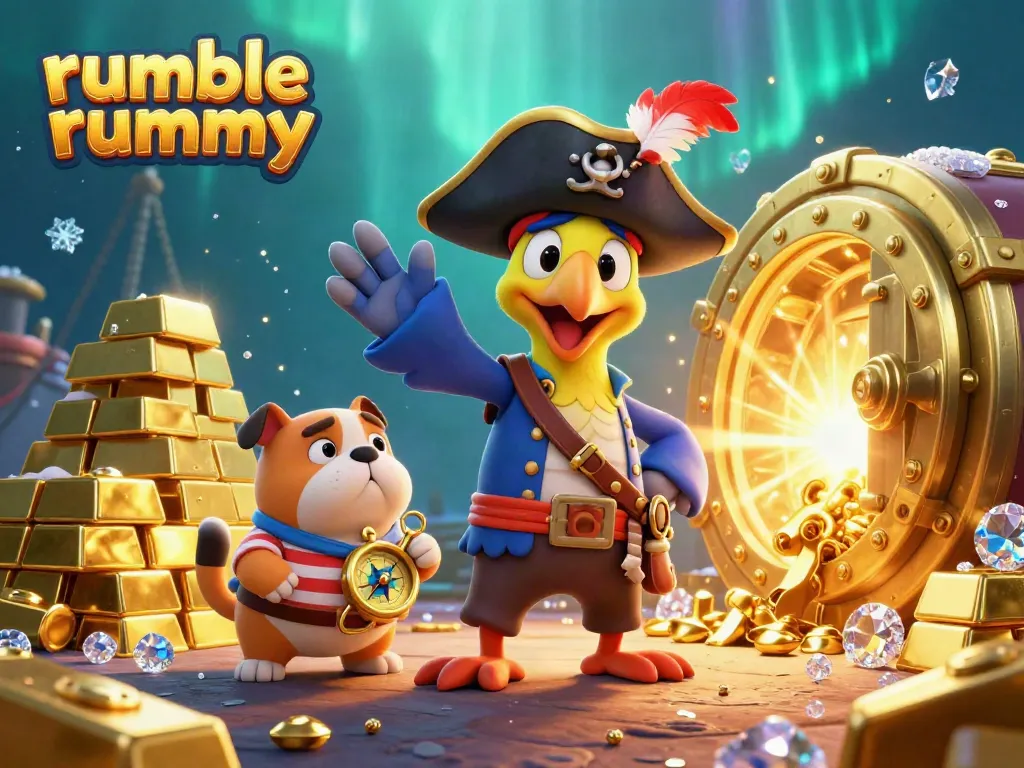A vibrant scene illustrating the excitement of engaging with rumble rummy for casino fans, depicting colorful, animated characters amidst treasure.