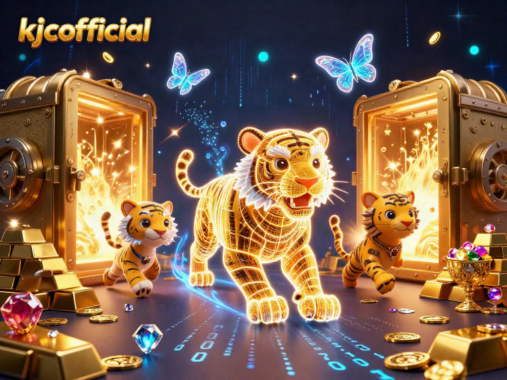 KJCOfficial showcases a vibrant casino scene featuring a golden tiger and treasures with dynamic energy.