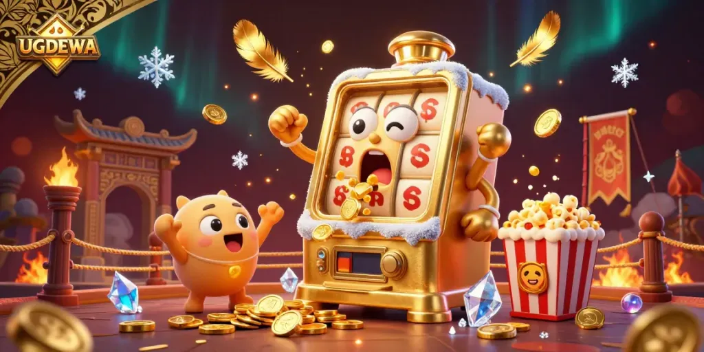 Experience the excitement of UGDEWA as playful slot machines hit jackpots in a vibrant casino scene.