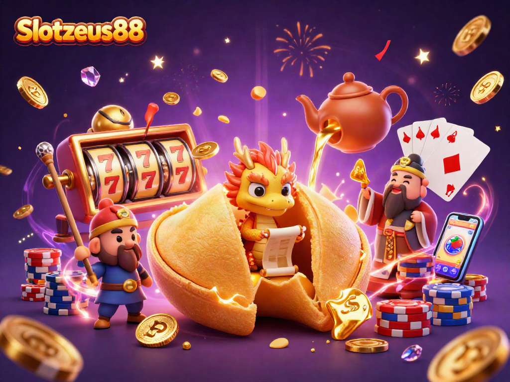 Engage with Slotzeus88: A vibrant 3D illustration capturing a dynamic casino scene filled with fortune and excitement.