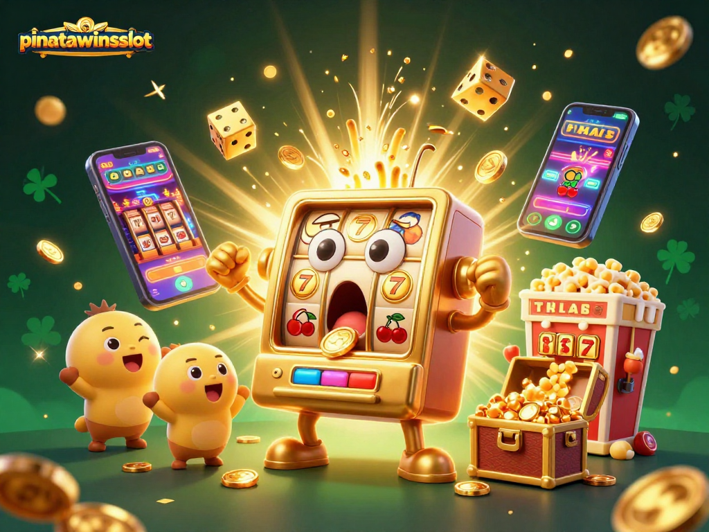 Experience the thrilling pinatawinsslot action with vibrant golden slot machines pouring coins in a fun-filled scene.