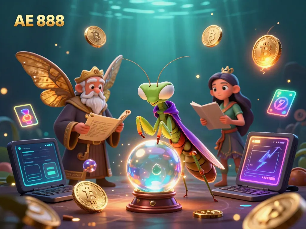 Experience the magic of AE 888 with a fortune teller and magical oracles in an enchanting casino scene.