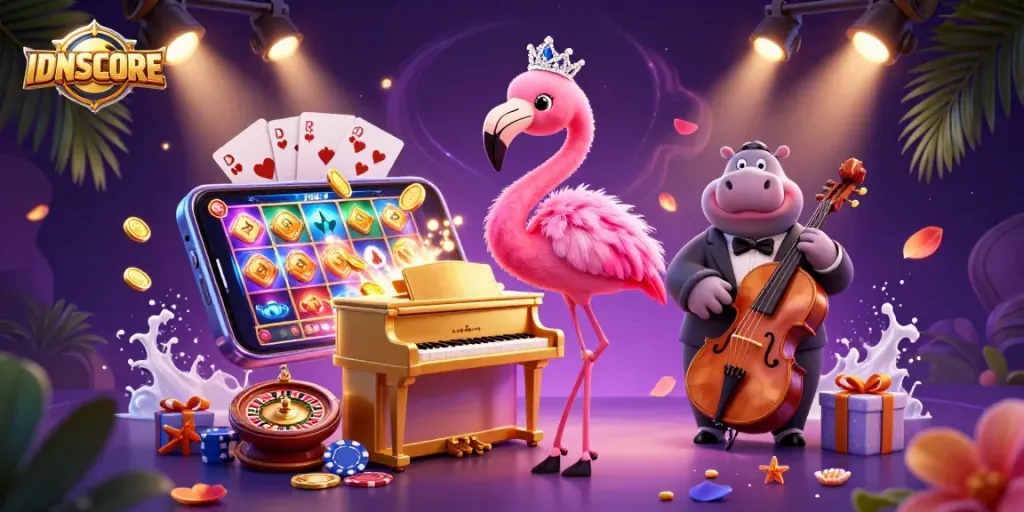 Experience thrilling gameplay at IDNSCORE with vibrant casino elements and characters in a dynamic scene.