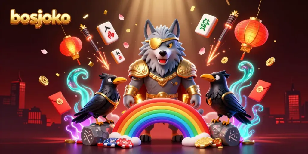 Engage with bosjoko's vibrant 3D illustration featuring Odin-inspired characters and casino elements.