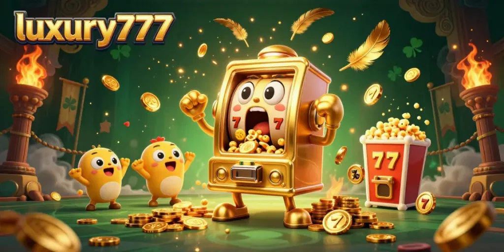 luxury777 slot machine celebrating a jackpot win with coins pouring out joyfully while surrounded by cheering machines