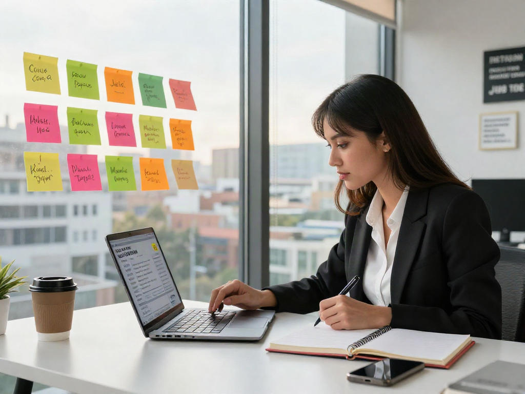 Business professional searching for หางาน opportunities in a modern office.
