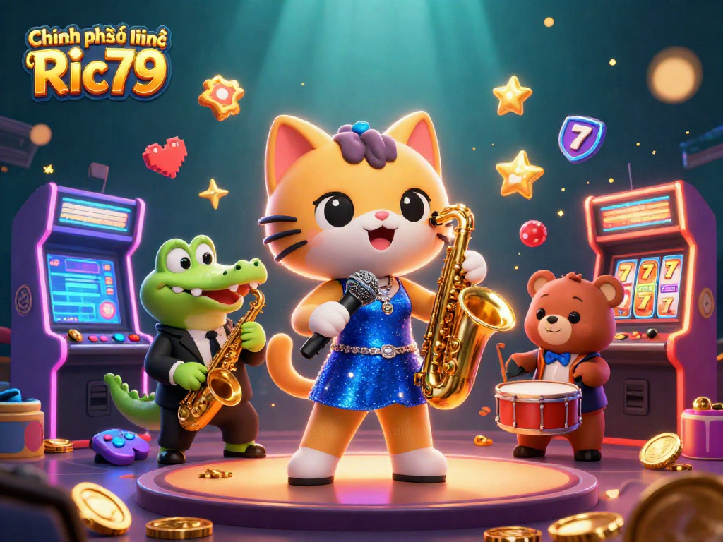 Engage with the vibrant scene of Chính sách bảo mật Ric79 featuring cartoon characters in a casino setting, surrounded by gaming elements.