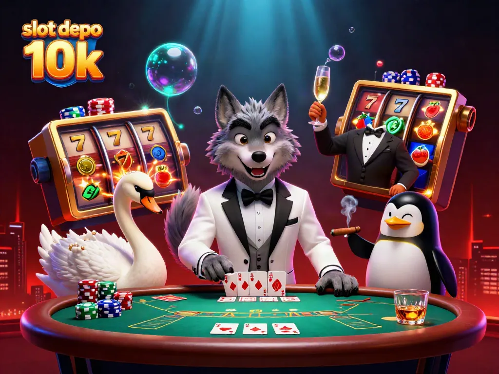 Engage with slot depo 10k as the 3D cartoon characters enjoy a luxurious casino scene filled with vibrant game elements.
