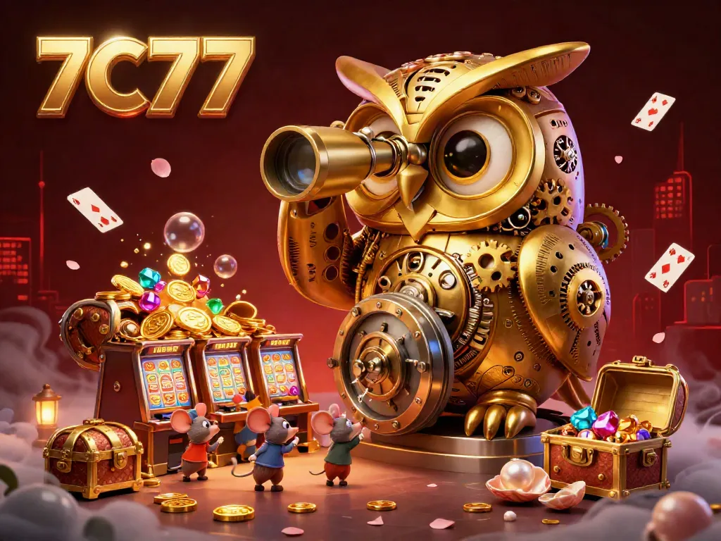Engage with the vibrant 7C77 casino scene featuring an animated golden owl and busy patrons enjoying games.