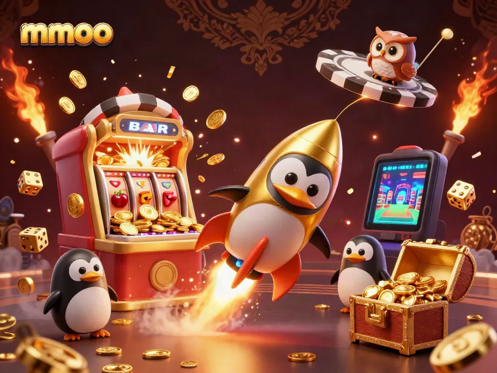 Witness the thrilling mmoo penguin journey through a vibrant casino-themed space, packed with golden treasures.
