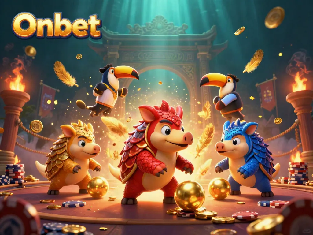 Onbet pangolins bowling through poker chips in a colorful casino arena.