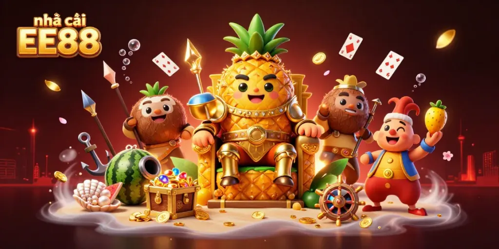 Engage with exciting games at nhà cái EE88 Casino, featuring vibrant characters and thrilling elements in a 3D animated scene.