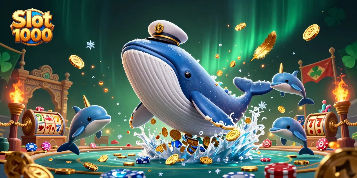 Engage in thrilling Slot 1000 gameplay with a whimsical casino scene featuring a whale and playful dolphins.
