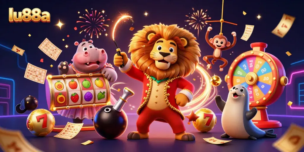 Experience exciting jackpots with lu88a through vibrant 3D circus characters surrounded by slots and winnings.