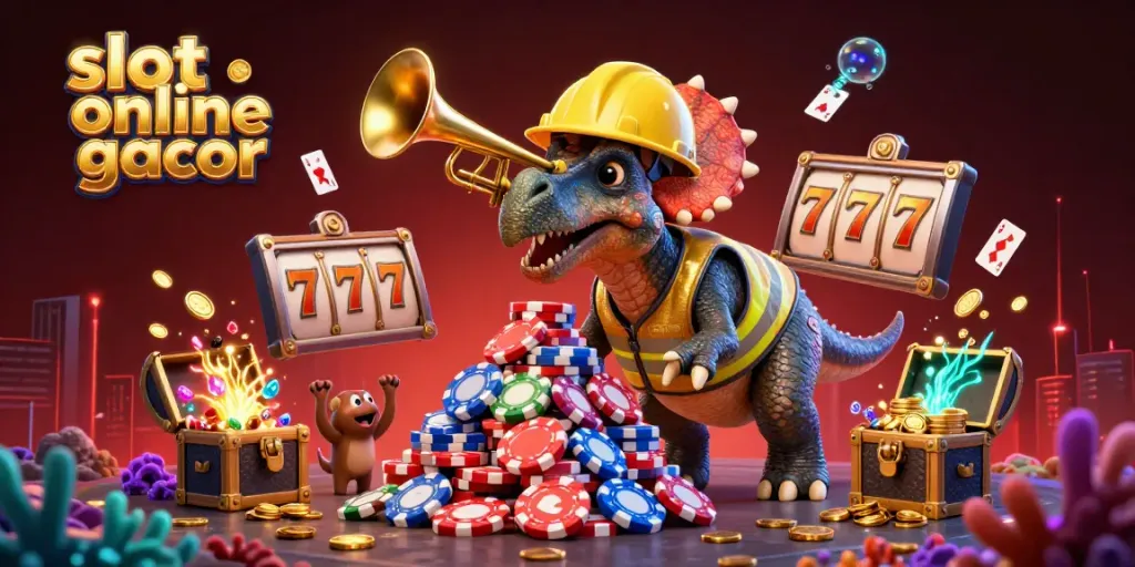 Cheerful scene featuring "slot online gacor" with characters building poker chips and casino elements.