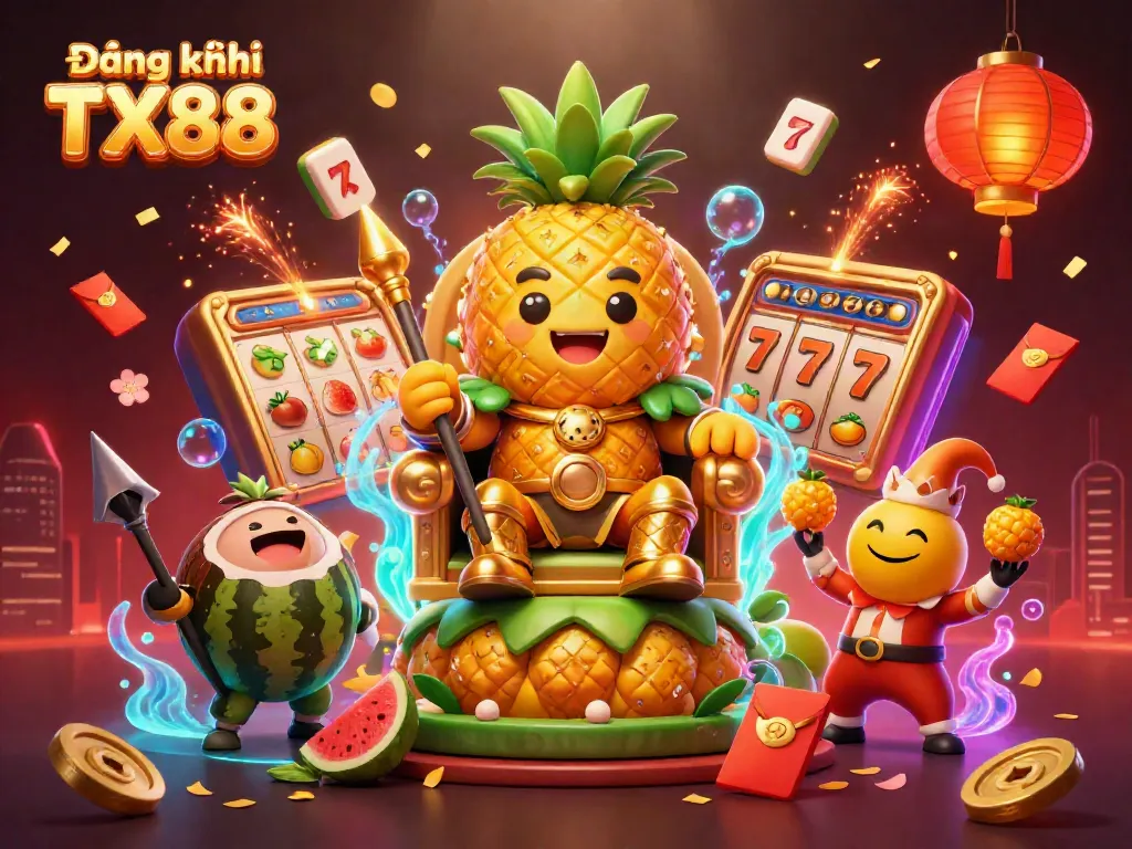 Engage in exciting gameplay with Đăng ký TX88 in a vibrant 3D casino scene filled with slot elements.