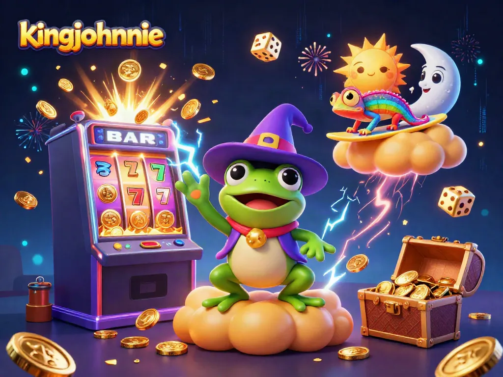 Spin to win with kingjohnnie's vibrant casino theme featuring colorful characters and game elements.