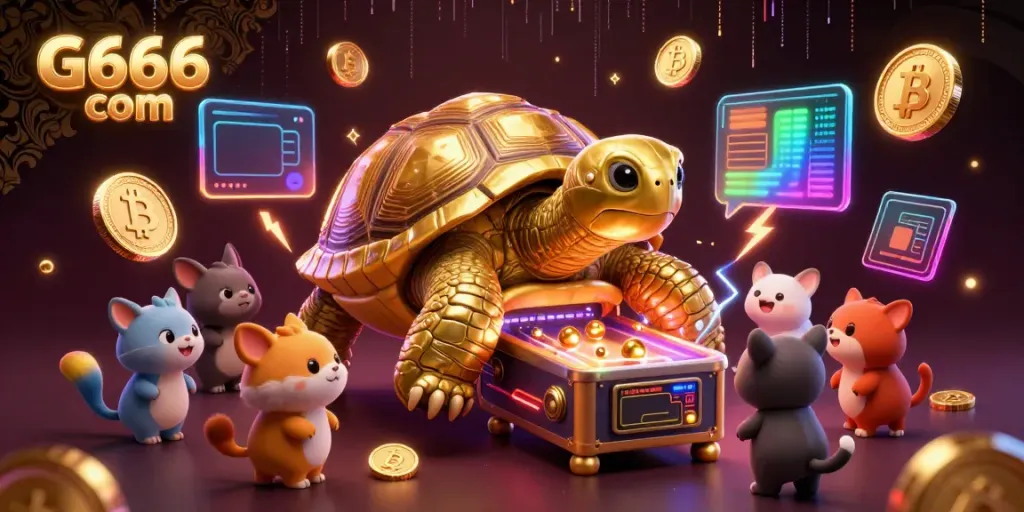 Engage with G666 com at a vibrant casino scene featuring a golden tortoise pinball machine and crypto elements.