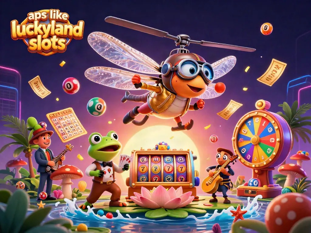 Experience thrilling gameplay with apps like luckyland slots featuring a dragonfly pilot over a vibrant casino scene.