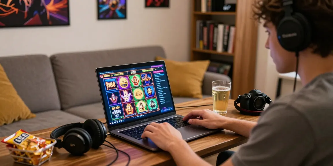 nx303 login on a laptop in a cozy gaming setup with snacks and vibrant slots interface