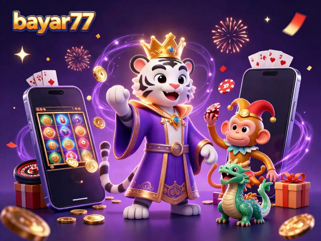 Experience thrilling gameplay with bayar77 as a regal white tiger, golden monkey, and jade dragon in a vibrant casino scene.