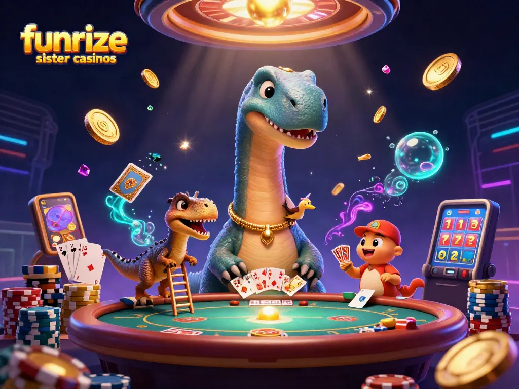 Play exciting games at funrize sister casinos, featuring vibrant casino elements and animated characters.