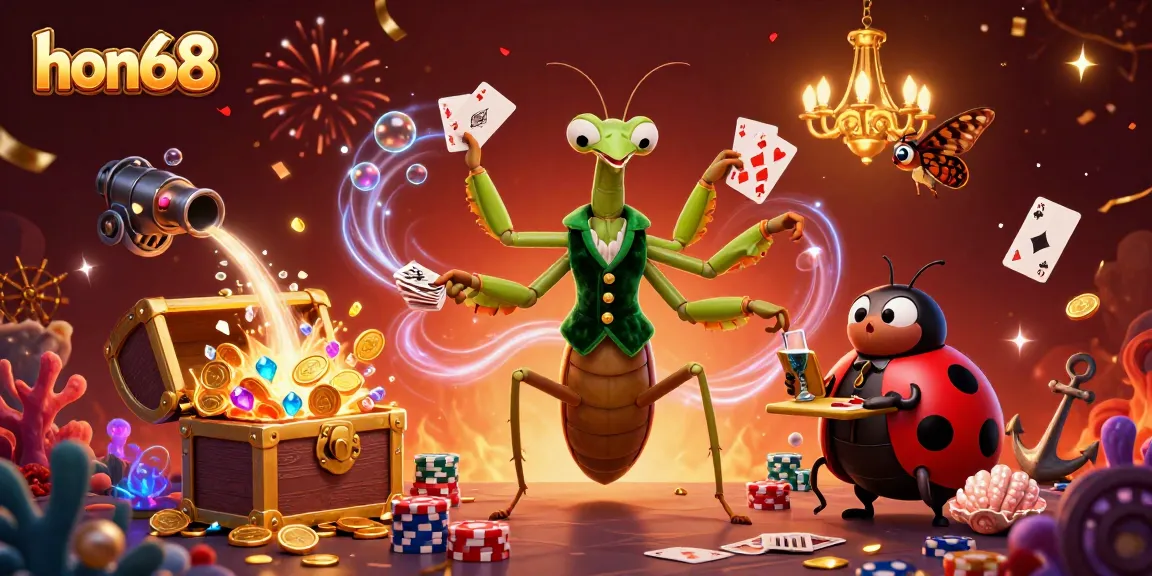 Join hon68's thrilling game scene featuring a giant mantis dealer, ladybug pit boss, and rich treasure bursts!