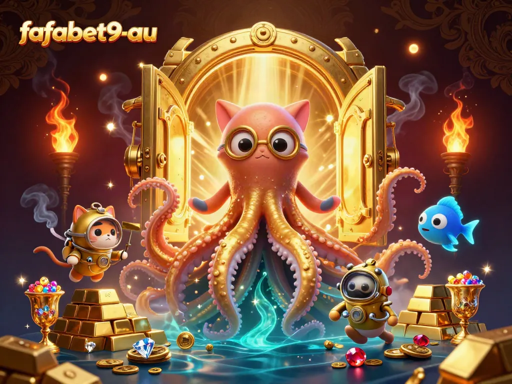Experience thrilling underwater adventures with fafabet9-au's kraken and diving cat in a treasure-filled sea.