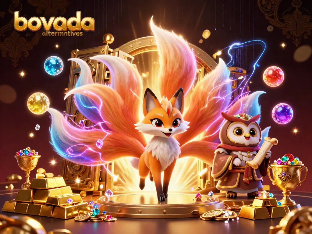 Explore bovada alternatives with a vibrant 3D illustration of a fox spirit, owl sage, and dazzling casino elements.