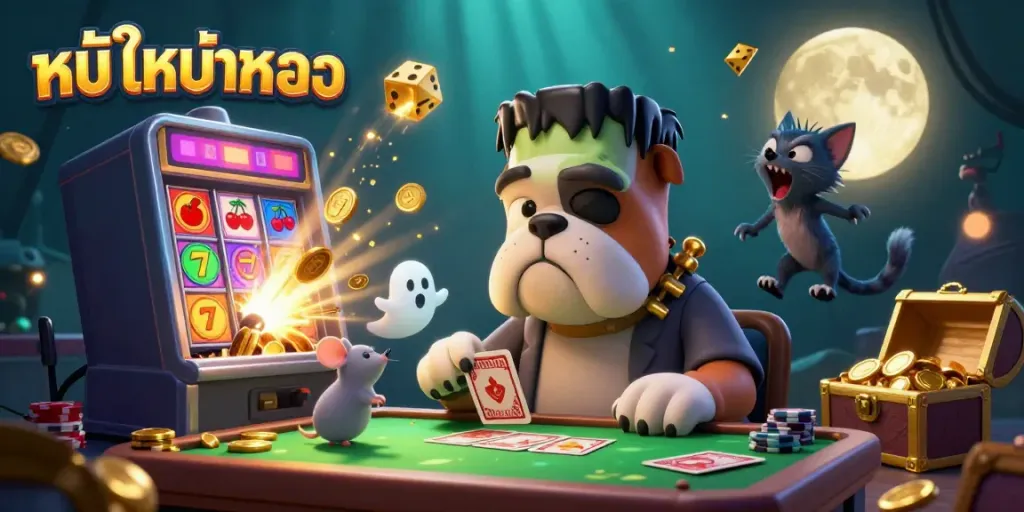 Engaging scene of a 3D cartoon Frankenstein bulldog dealing cards representing หนังใหม่ชนโรง amid cascading casino elements, evoking excitement in a rich setting.