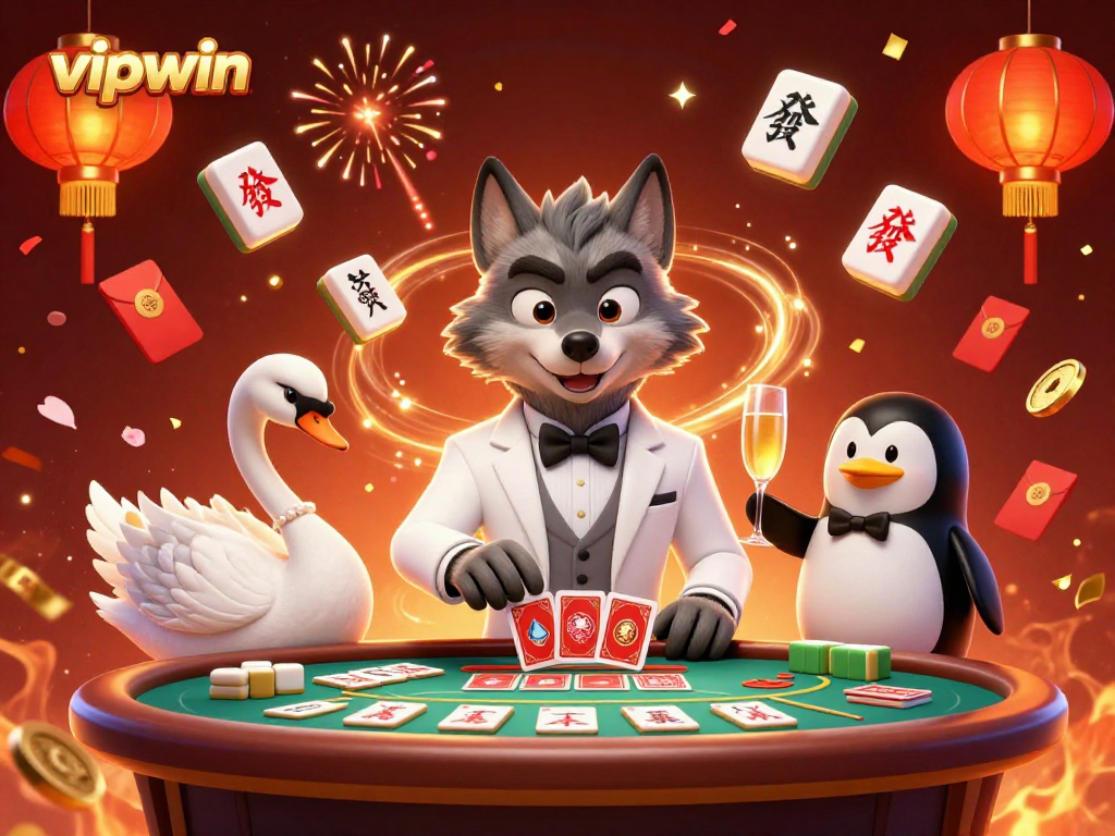 Engage with vipwin's 3D casino scene featuring a debonair wolf, elegant swan, and sophisticated penguin.